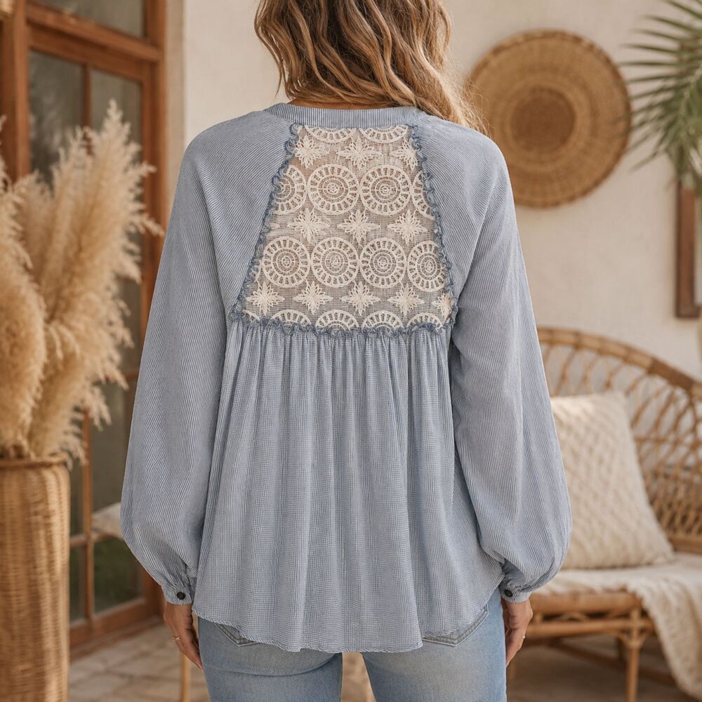 Free People Shirt Womens Small Blue Striped Button Front Crochet Back Tunic